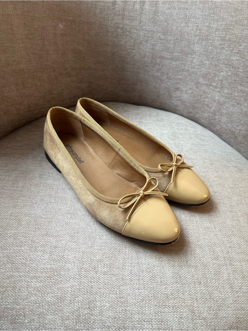 Jeffrey Campbell Tan Patent-Toe Ballet Flats with Bow